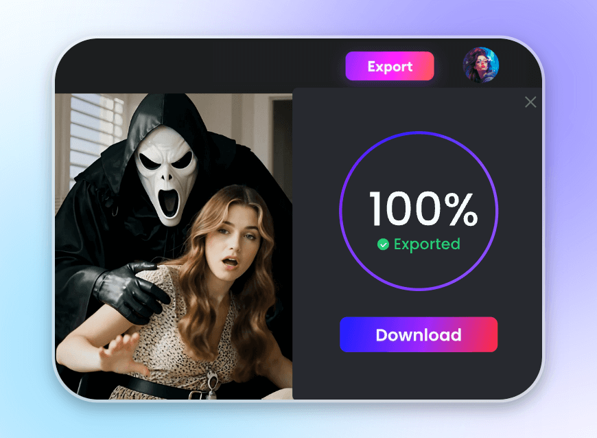 Step three export the generated video where a woman is caught by ghostface