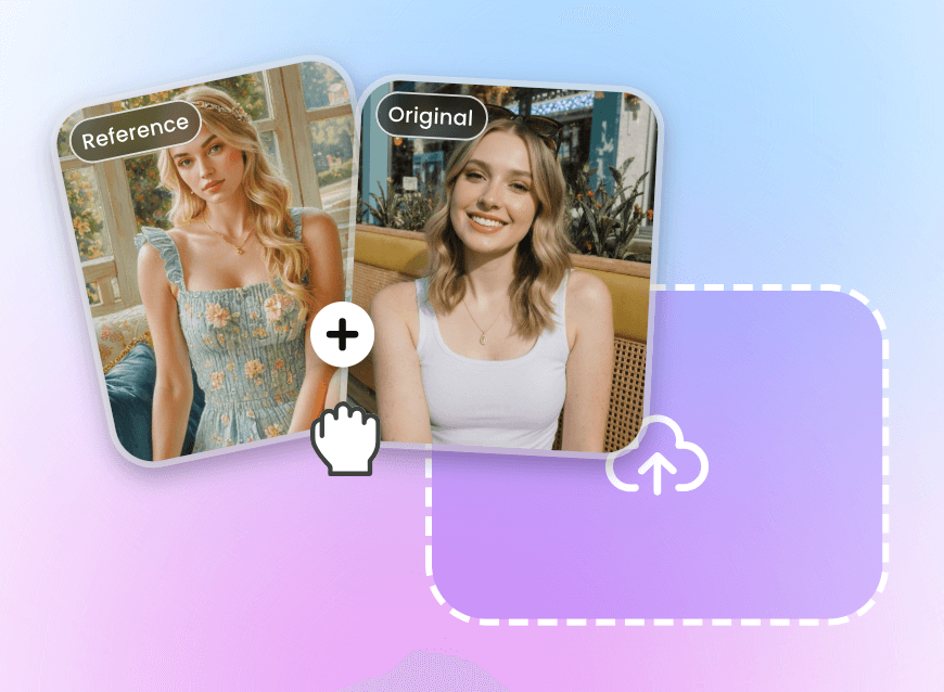 Step1 upload one reference image and one beauty photo to clipfly ai image style changer