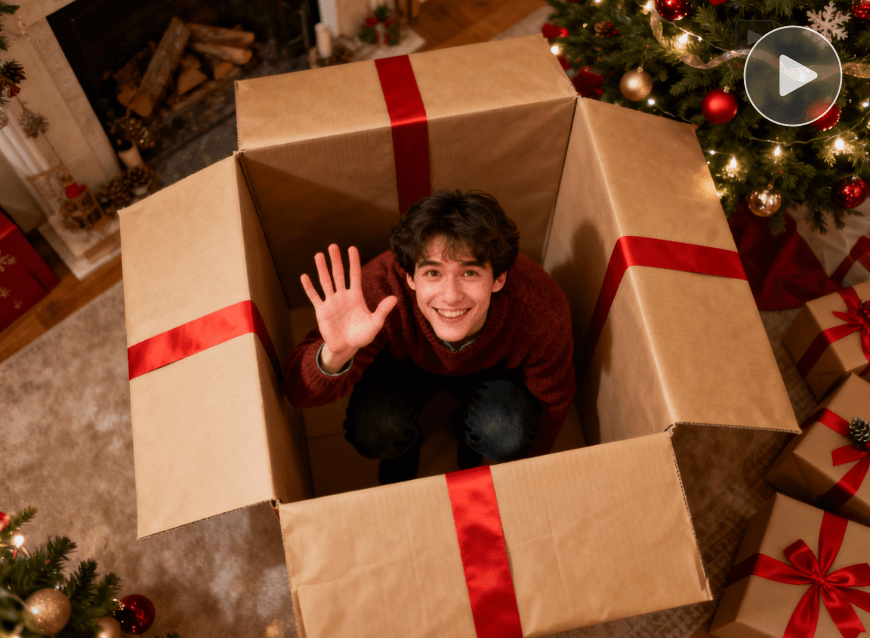 Modèle de cadeau de Noël surprise montrant un garçon caché dans une grande boîte