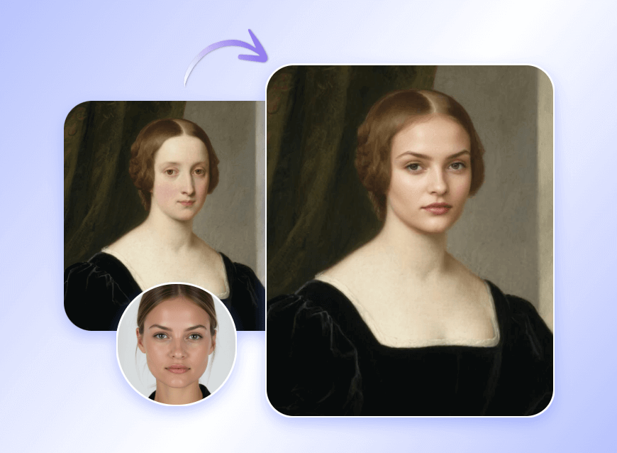 Swap the body with a figure in a classic artwork