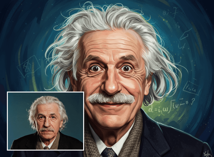 Turn Albert Einstein into a caricature art with clipfly online caricature maker