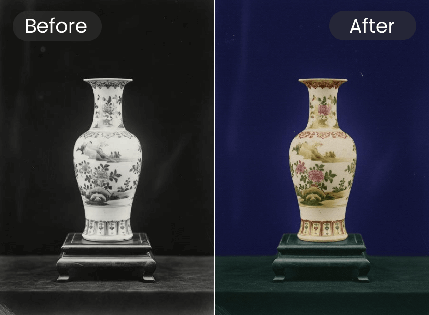 Turn a blacnk and white photo of an antique into color
