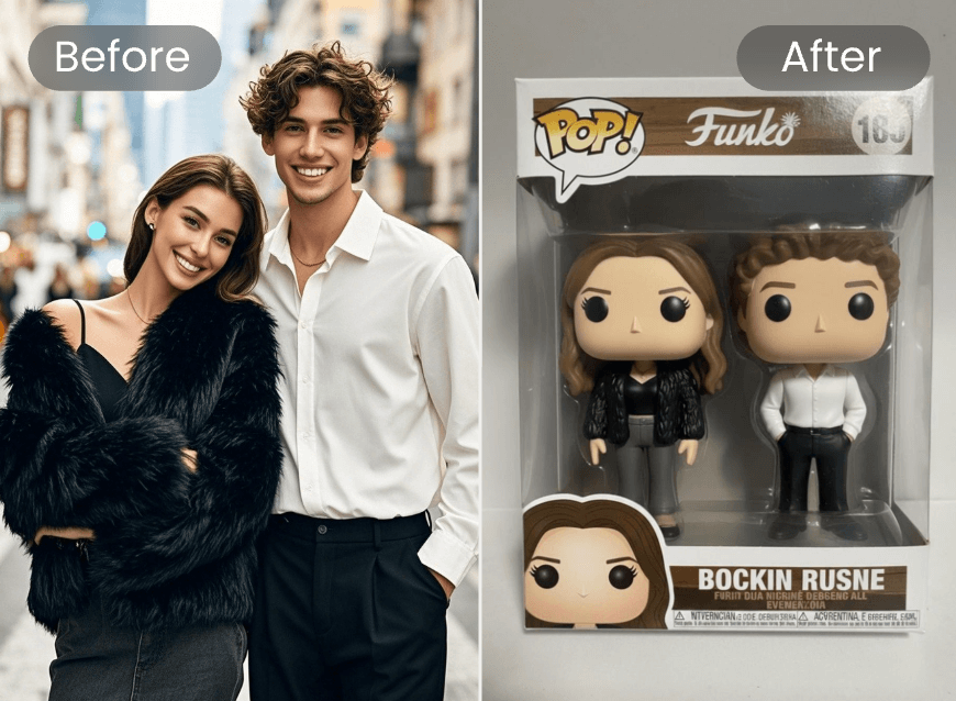 Turn a couple photo into a duo version of funko pop with clipfly