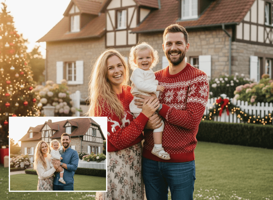 家族写真を絵画のようなクリスマスポートレートにクリスマス加工