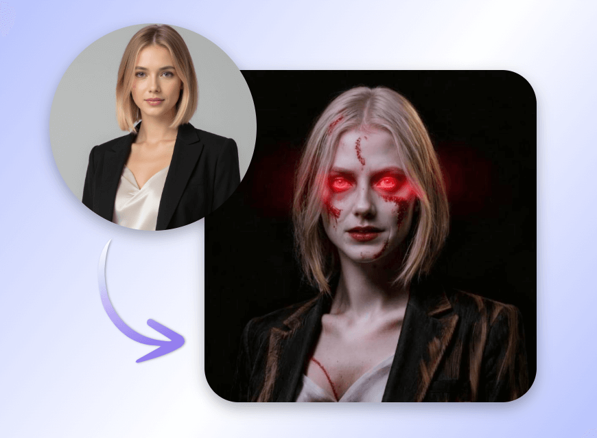 Turn a girl into a zombie face with red glowing eyes