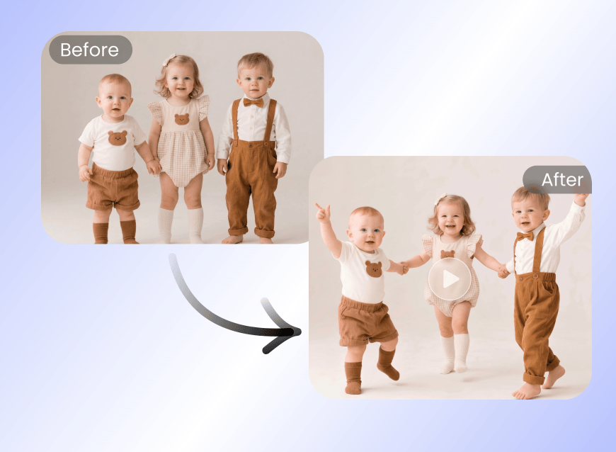 Turn a group photo of babies into an ai group baby dancing video