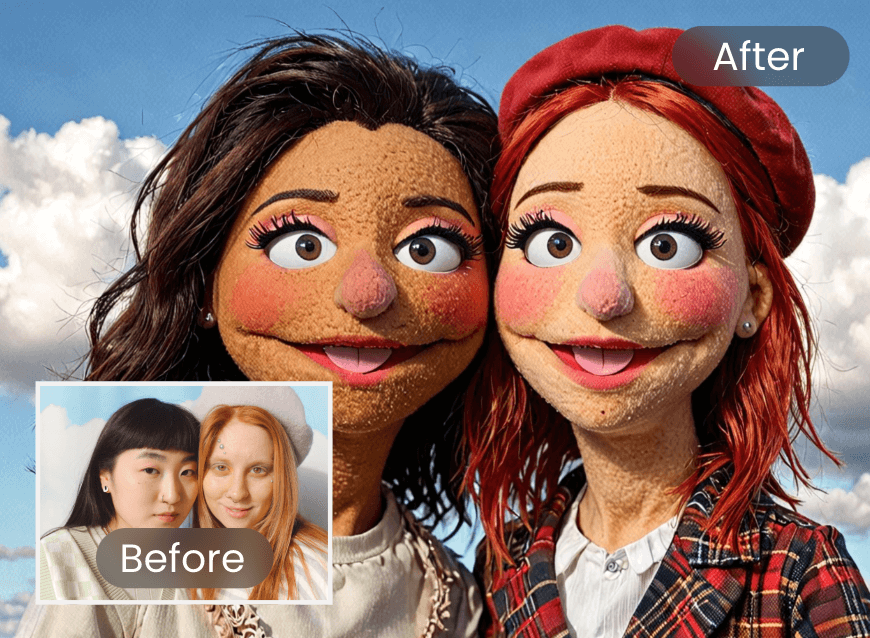 Transformar uma foto de grupo de duas meninas em personagens fantoches de IA