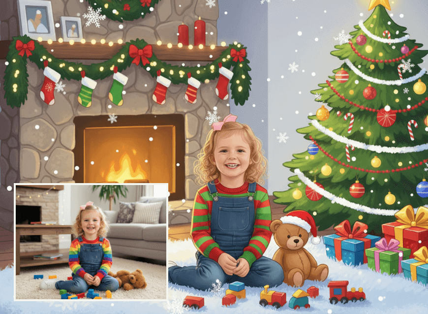 少女の写真をかわいいカートゥーン（漫画）風にクリスマス加工