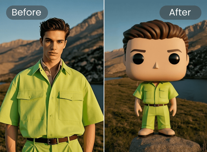 Turn a man in green standing outdoors into a funko pop with clipfly funko pop maker