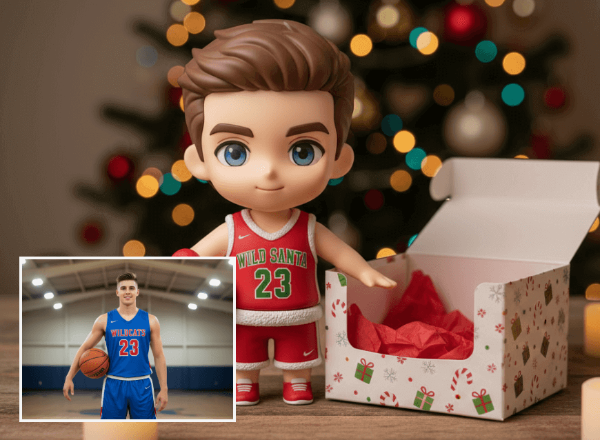 男性の写真をフィギュアのパッケージ風（ブラインドボックス）にクリスマス加工