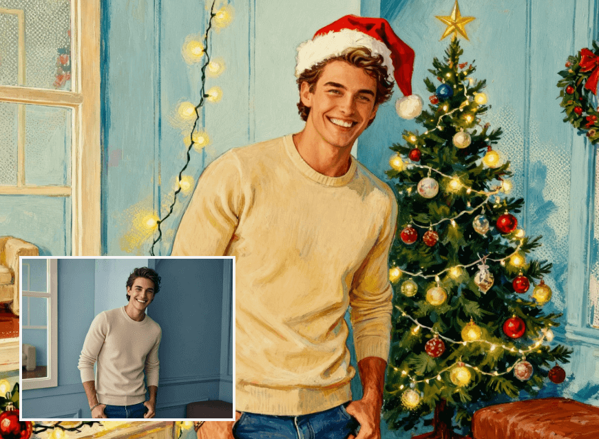 男性の写真をレトロなクリスマスイラスト風にクリスマス加工