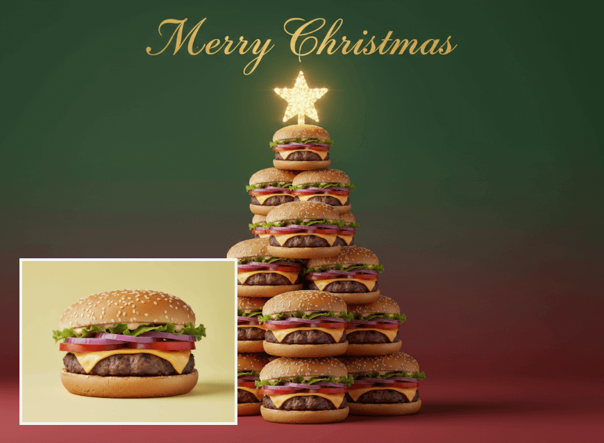ハンバーガーの写真をハンバーガー型のクリスマスツリーへクリスマス加工