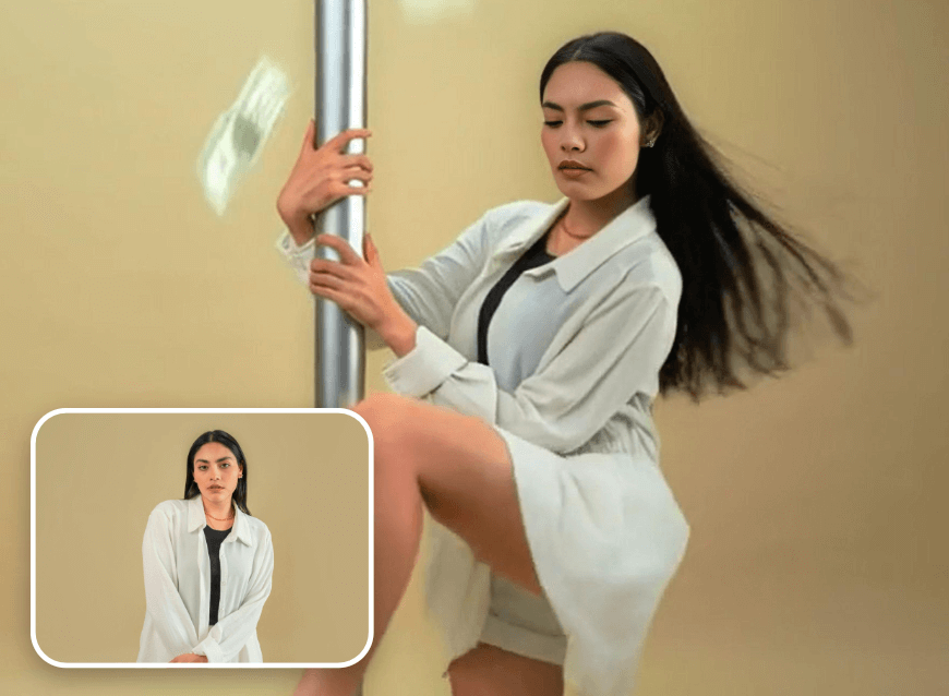 Turn a photo of a girl in a white dress into ai pole dance video