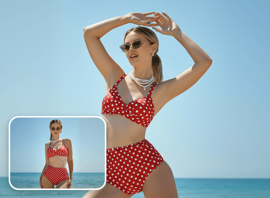Turn a photo of a lady in a red bikini set into ai sway dance video