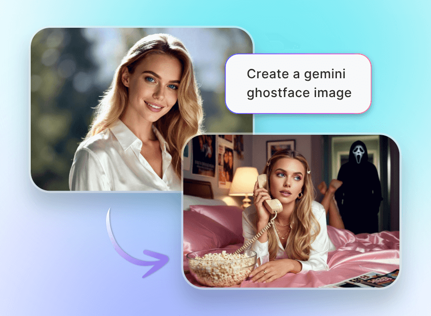 Turn a photo of a lady in a white shirt into an ai ghostface photo through text