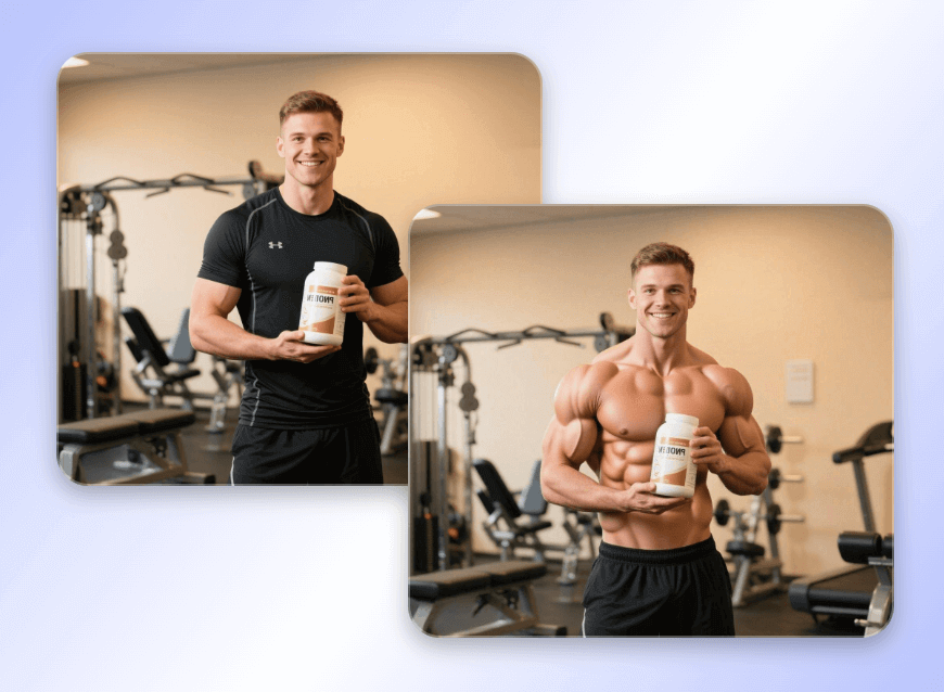 男性の写真を筋肉ai動画に変換して筋肉商品広告を作成