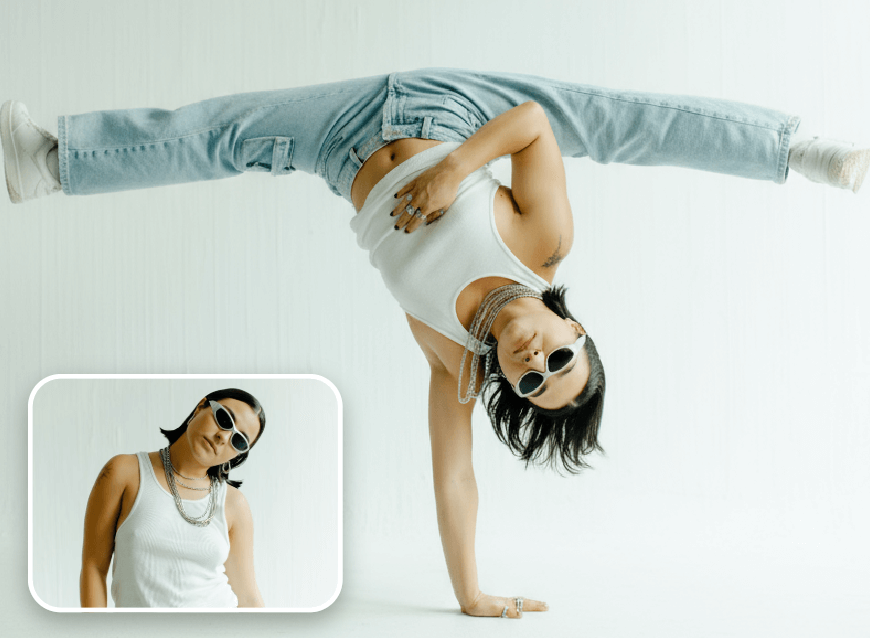 Turn a photo of a man with a white vest into ai breakdance video