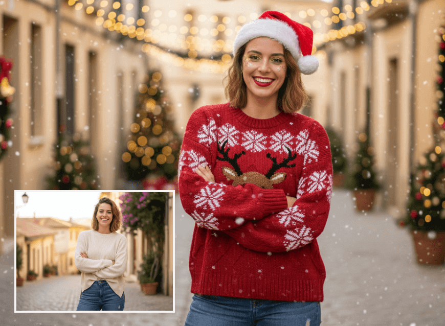 女性の自撮りを温かみのあるポートレートにクリスマス加工