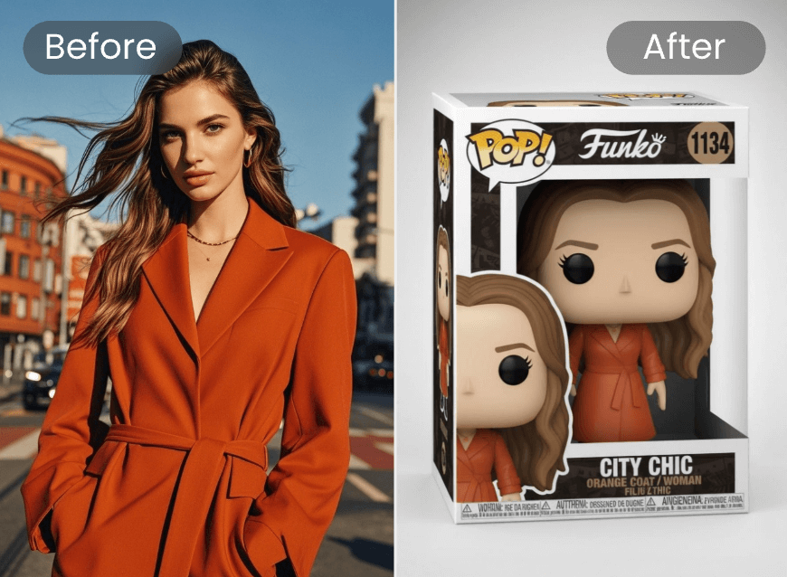 Turn a woman in red into a boxed funko pop figure with clipfly funko pop maker