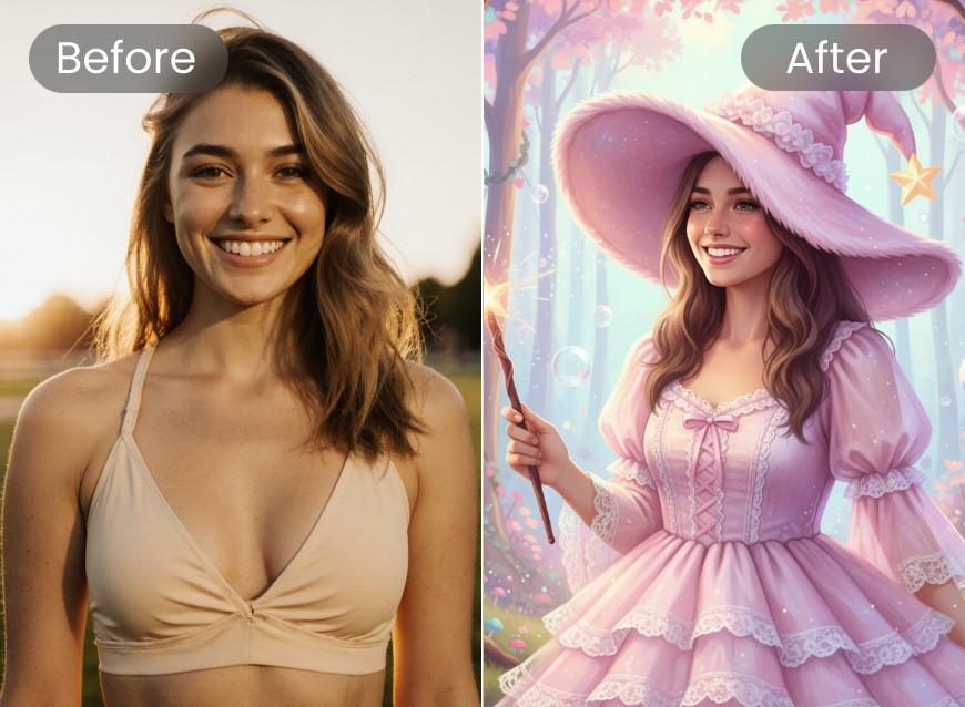 Mit dem Hexenfilter von Clipfly wird aus einem hochgeladenen Foto eine pinke Hexe gemacht