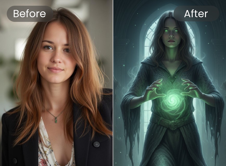 Mit dem Hexenfilter von Clipfly wird aus einem originellen Porträt eine gespenstische Hexe erstellt