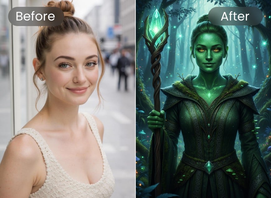Mit dem Hexenfilter von Clipfly wird aus einem hochgeladenen Foto eine grüne Hexe erschaffen