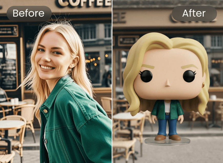 Turn a woman standing in front of a coffee shop into a funko pop with clipfly
