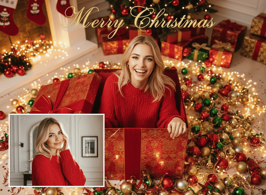 女性の写真をクリスマスプレゼントの箱のイメージへクリスマス加工