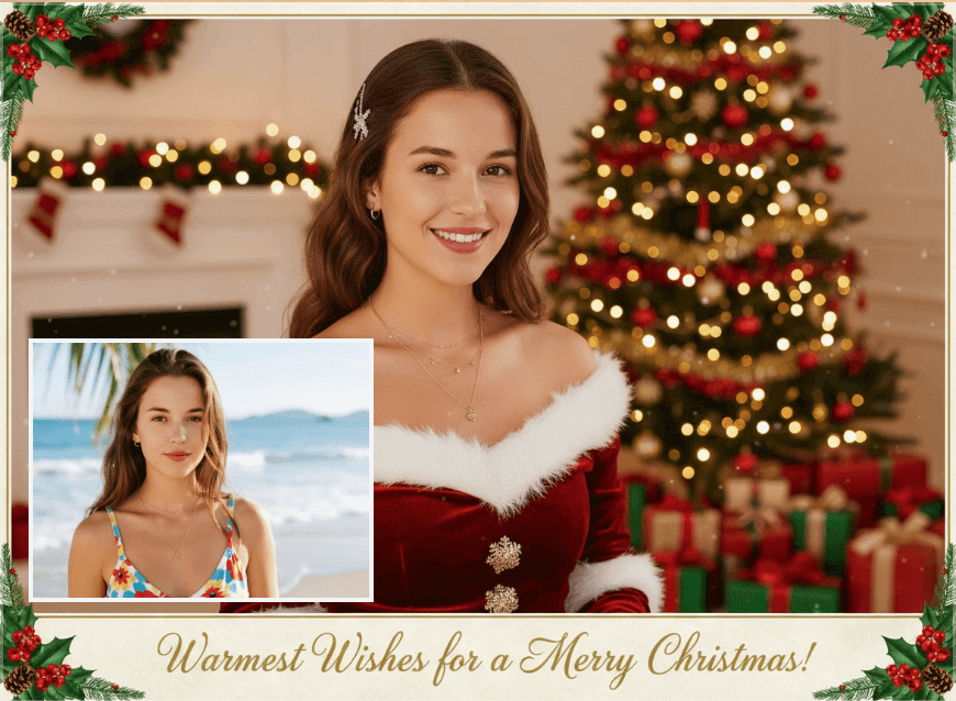 女性の写真をデザインされたクリスマスカードにクリスマス加工