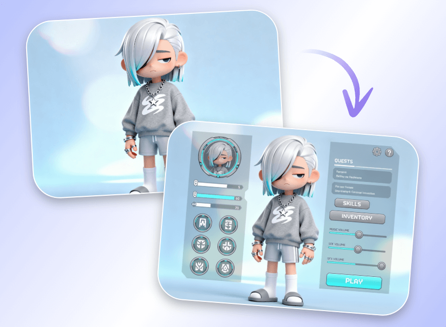Turn an image of a 3 D cartoon character into a game ui with Qwen AI model on Clipfly