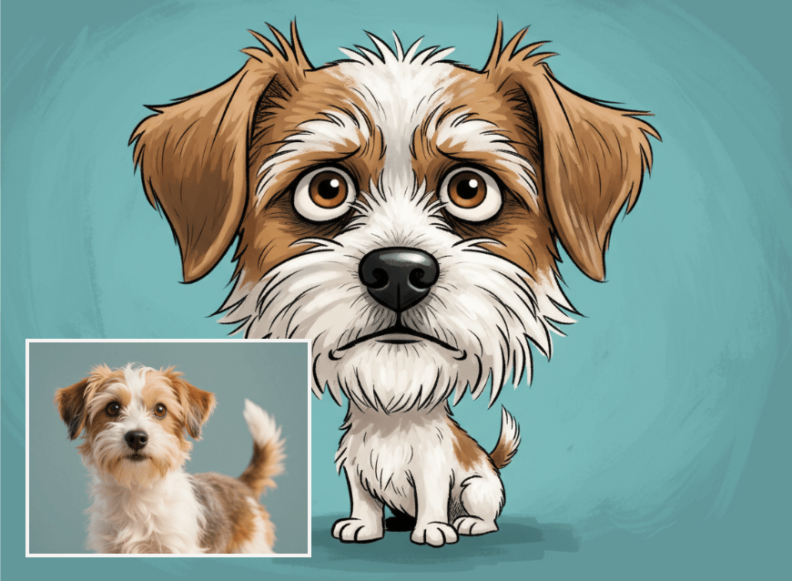 Turn the dog portrait into a caricature art with clipfly online caricature maker