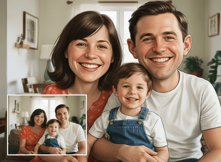 Turn the family photo into a caricature art with clipfly caricature maker online for free