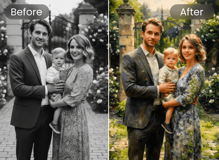 Turn the family photo into a watercolor painting with clipfly free ai watercolor filter