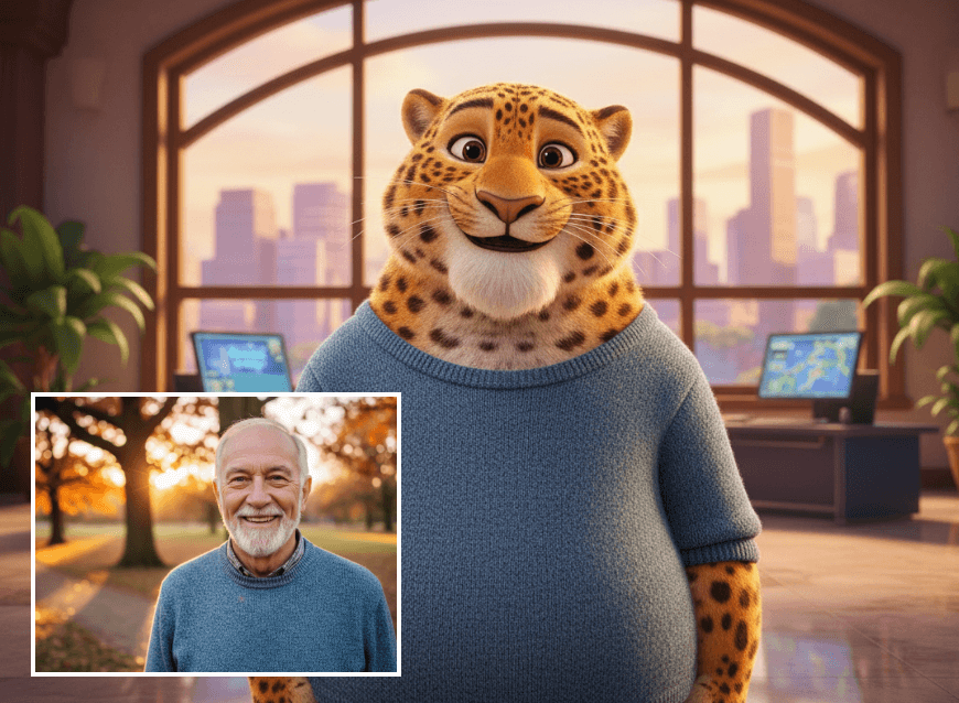 Aus einem Seniorenfoto einen Cartoon-Leoparden erstellen