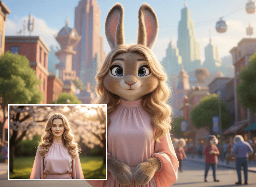 Aus einer Frau im pinken Kleid einen Cartoon-Kaninchen-Charakter erstellen