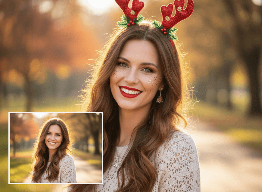 女性の顔にクリスマスのメイクアップを施すクリスマス加工