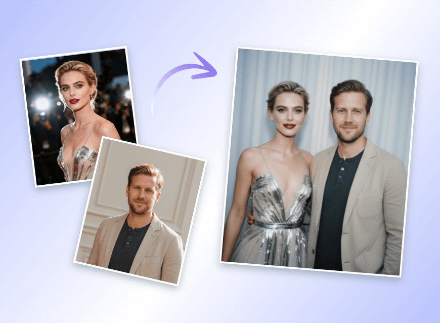 Turn two photos into one picture featuring a man standing next to his celerbity crush