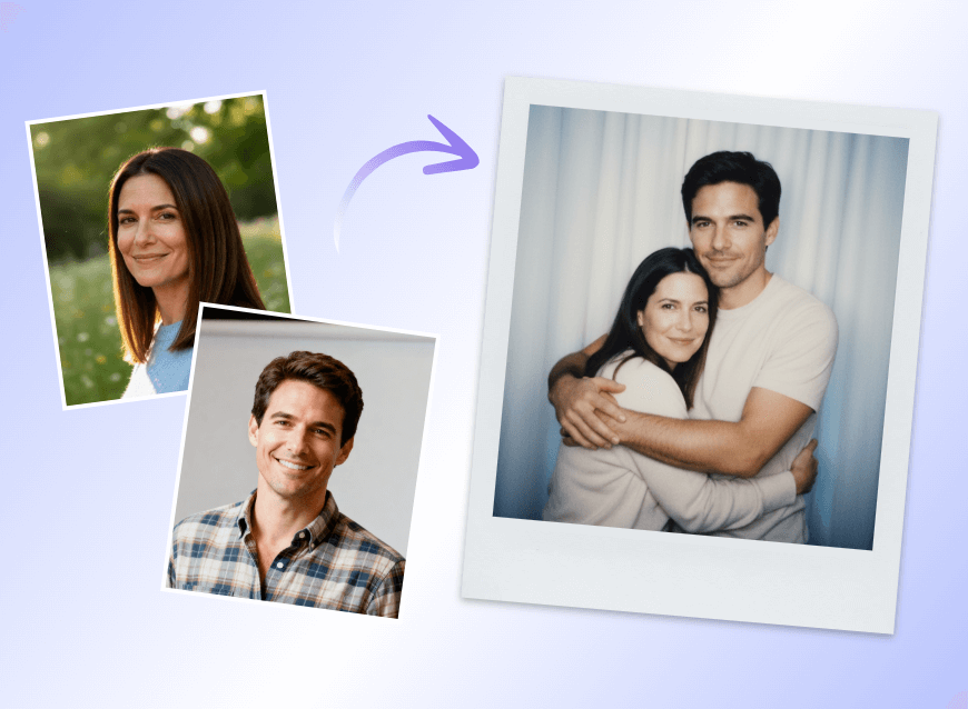 Turn two photos into one polaroid photo featuring two figures hugging