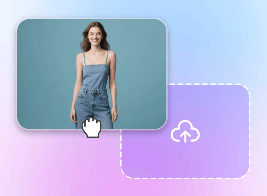 Faça upload de uma foto de uma mulher usando um look jeans azul no removedor de roupas com IA da Clipfly