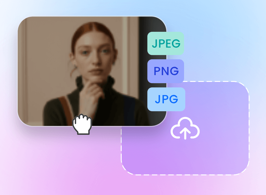 Sube imágenes de baja calidad de una mujer en distintos formatos al mejorador de imagen con IA de Clipfly