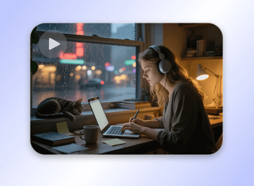 Use ai to generate a video of a girl wearing headphones for lofi music