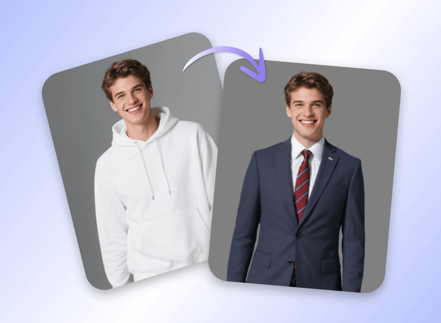 Use our free ai formal attire editor to change the outfit of a man in a white sweatshirt to a suit
