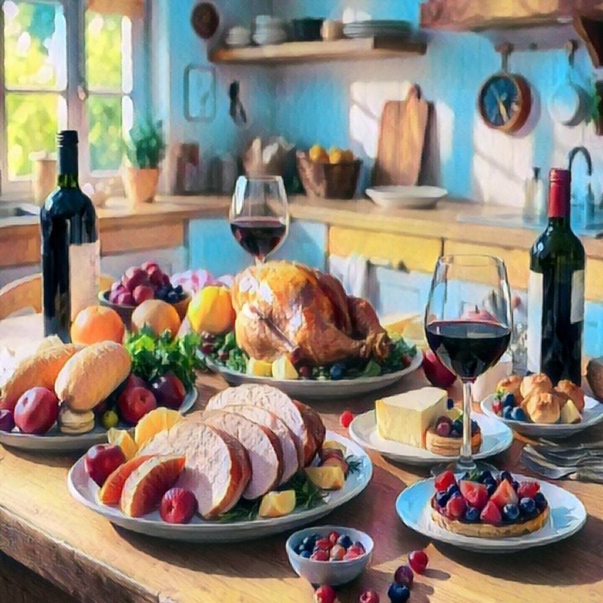 Estilo de arte em aquarela de um banquete de comida em uma mesa