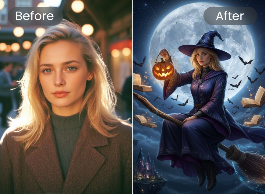 Mit dem Hexenfilter von Clipfly wird aus einem Porträt einer Frau eine Hexe auf einem Besen erschaffen