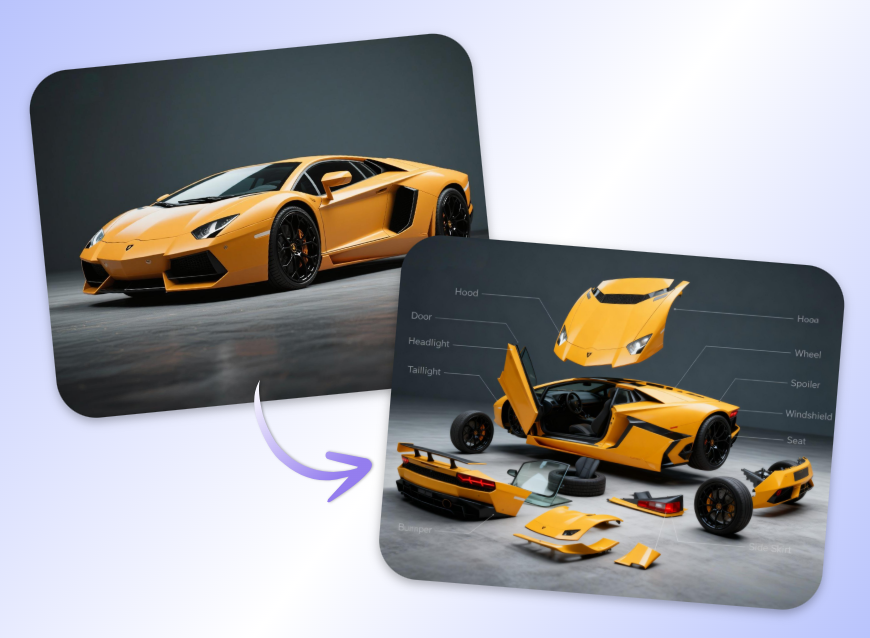 Decompose the yellow car model in minimal style on a white background
