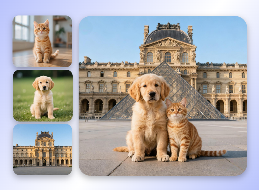 combine two pet images and one scene image into a pet group photo