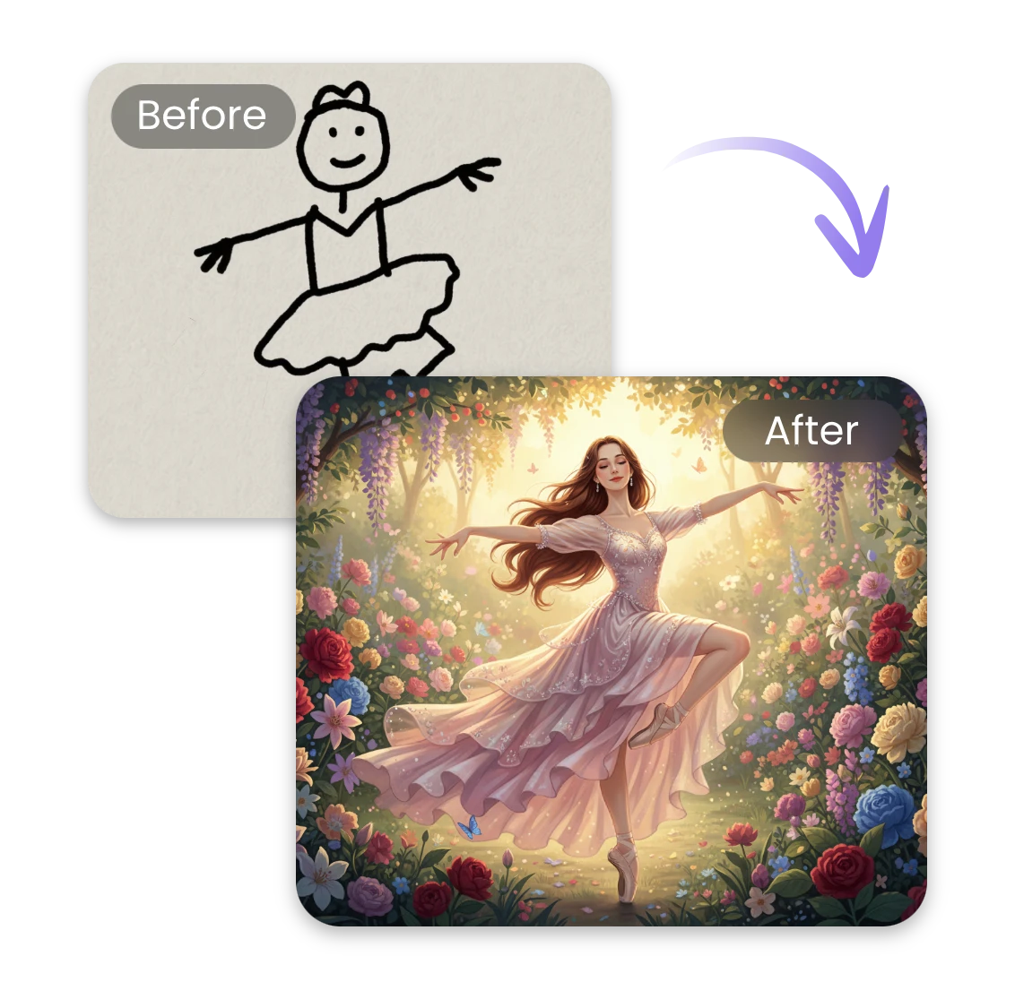 a girl dancing in a flower-filled forest under a glowing light