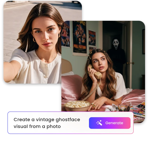 a Y2K vintage style girl in a dim room with posters and a shadowy figure in doorway