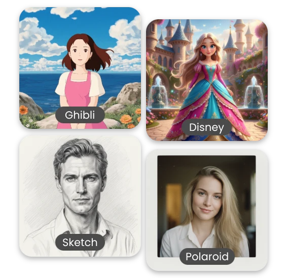 a ghibli style girl image and a disney princess and a sketch portrait and a woman seifle in polariod style
