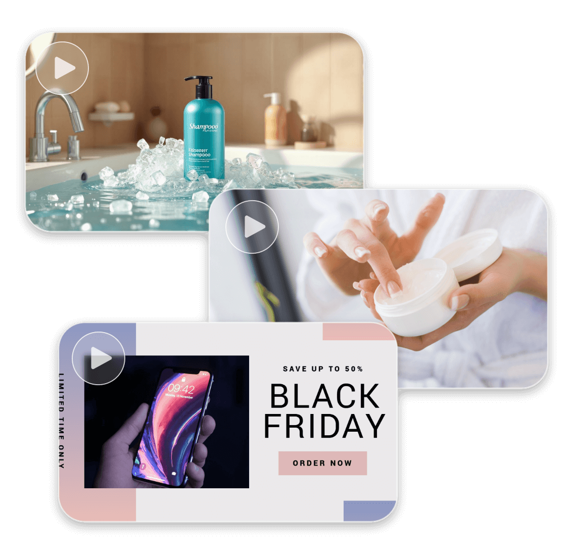 Create product shower gel demo video, face cream review video and black friday iphone ad video